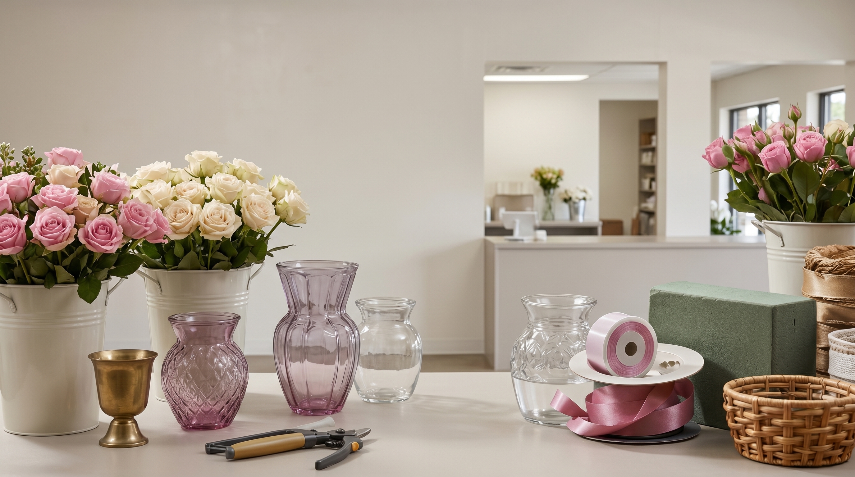 Editorial wide-angle interior of a floral wholesale supply space — bucket bouquets along a service counter, soft daylight, restrained cream and deep-navy palette, no people, no text.